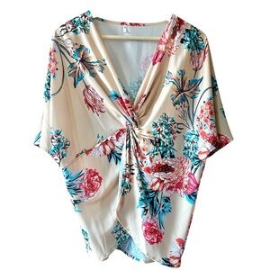 Women's Floral Faux Wrap Top Pink with Flower - Medium